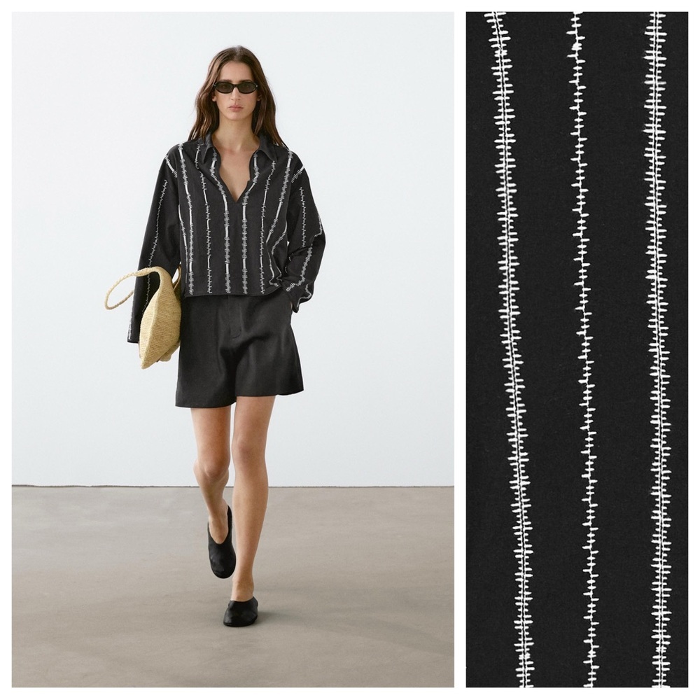 NWT. Massimo Dutti Black Cotton/Linen Blouse with Embroidered Details. Size M.